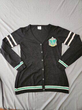 Harry Potter Womens Slytherin House Crest Cardigan Black Sweater - Large